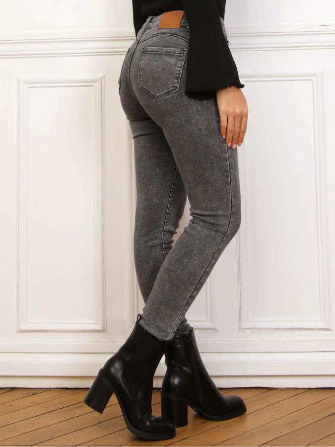 Jeans skinny gris effet push-up à taille asymétrique