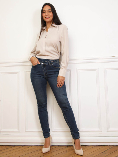 Jeans bleu foncé effet push-up à taille asymétrique