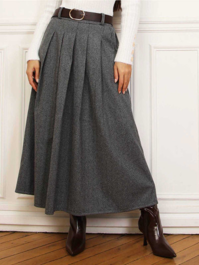 Jupe longue plissée grise avec ceinture