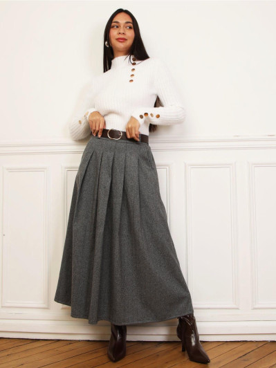 Jupe longue plissée grise avec ceinture