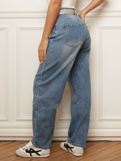 Jeans barrel bleu à ceinture