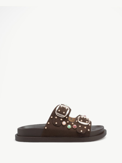 Mules marron avec brides à clous et perles