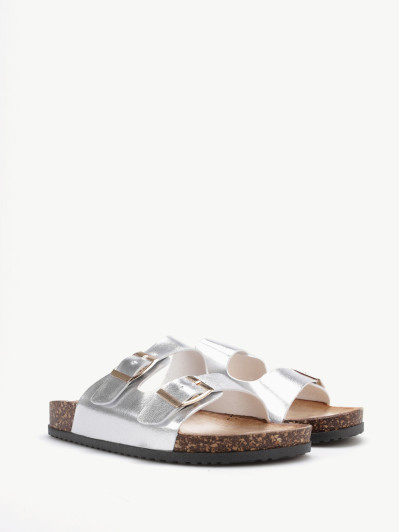 Mules argentées en simili à double bride