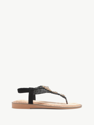 Nu-pieds noirs à bijoux fleurs et strass