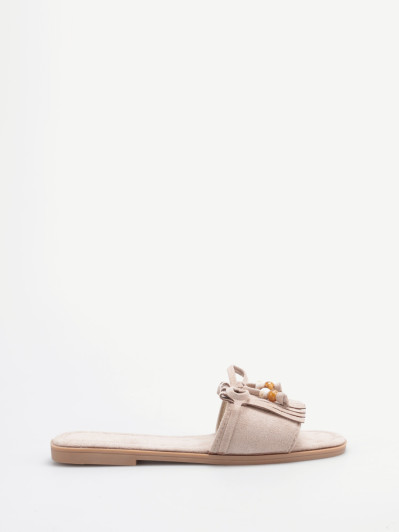 Mules taupes en suédine à perles et franges
