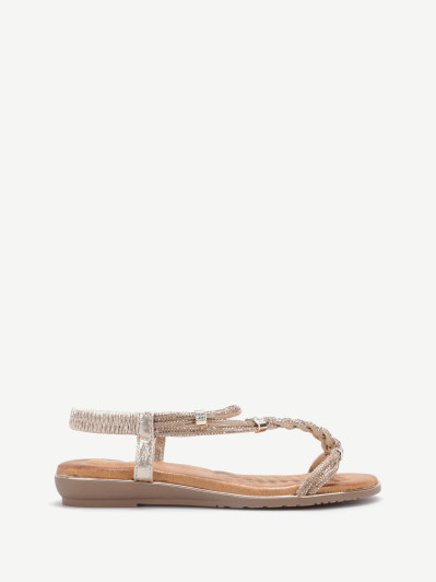 Sandales dorées à brides tressées à strass