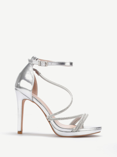 Sandales argentées à plateforme et brides strass