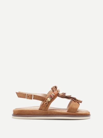 Sandales camel en suédine à franges et perles