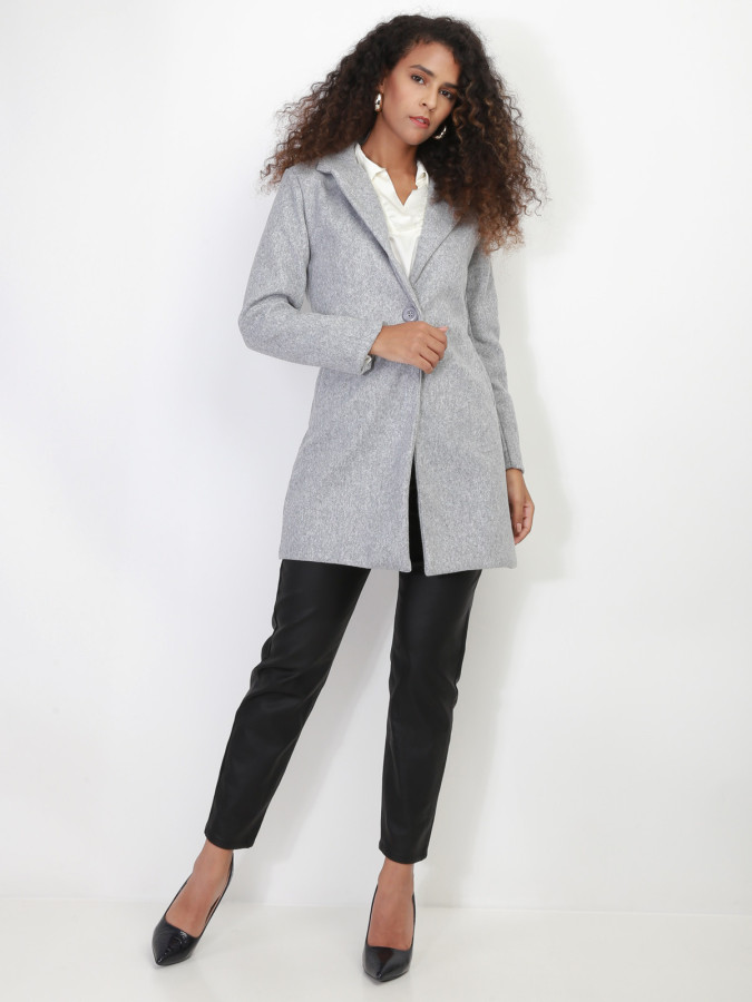 Manteau gris mi long à col revers