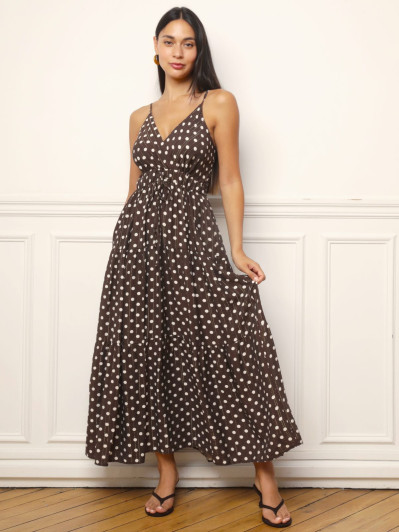 Robe longue cache-cœur à motifs pois marron