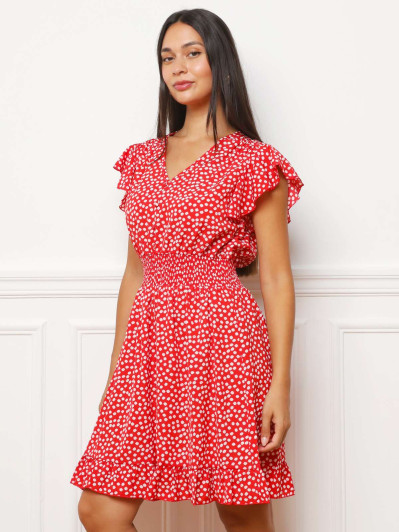 Robe évasée et volantée rouge à petites fleurs