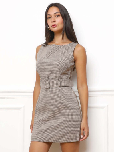 Robe ceinturée à motifs pied de poule taupe