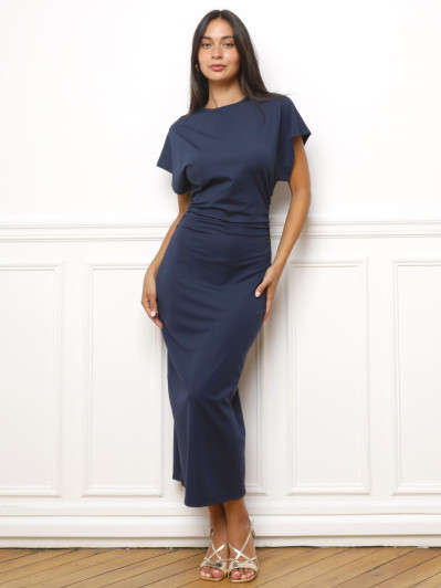 Robe froncée à manches courtes bleu marine