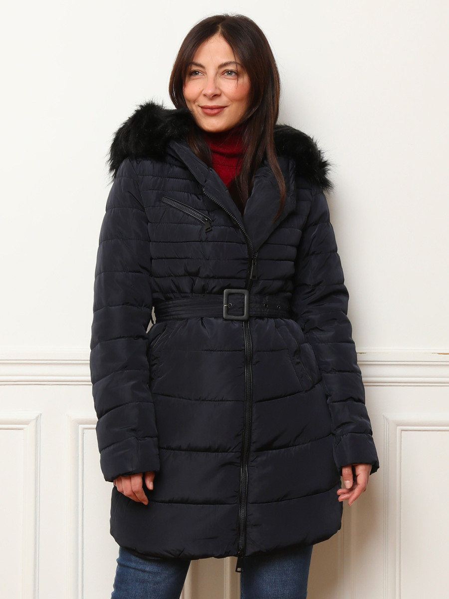 Doudoune bleue avec capuche fausse fourrure et ceinture