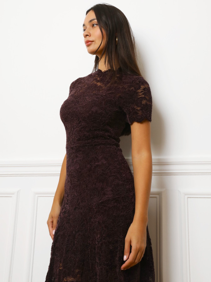 Robe bordeaux mi-longue en velours et dentelle