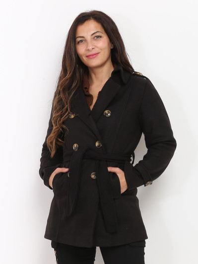 Manteau court noir ceinturé