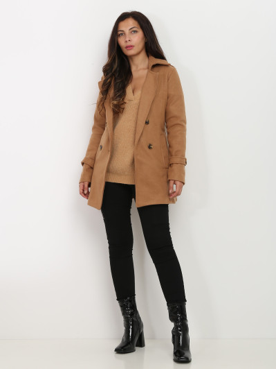 Manteau court camel ceinturé