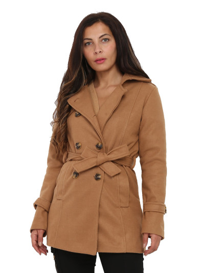 Manteau court camel ceinturé