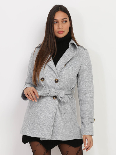 Manteau court gris ceinturé