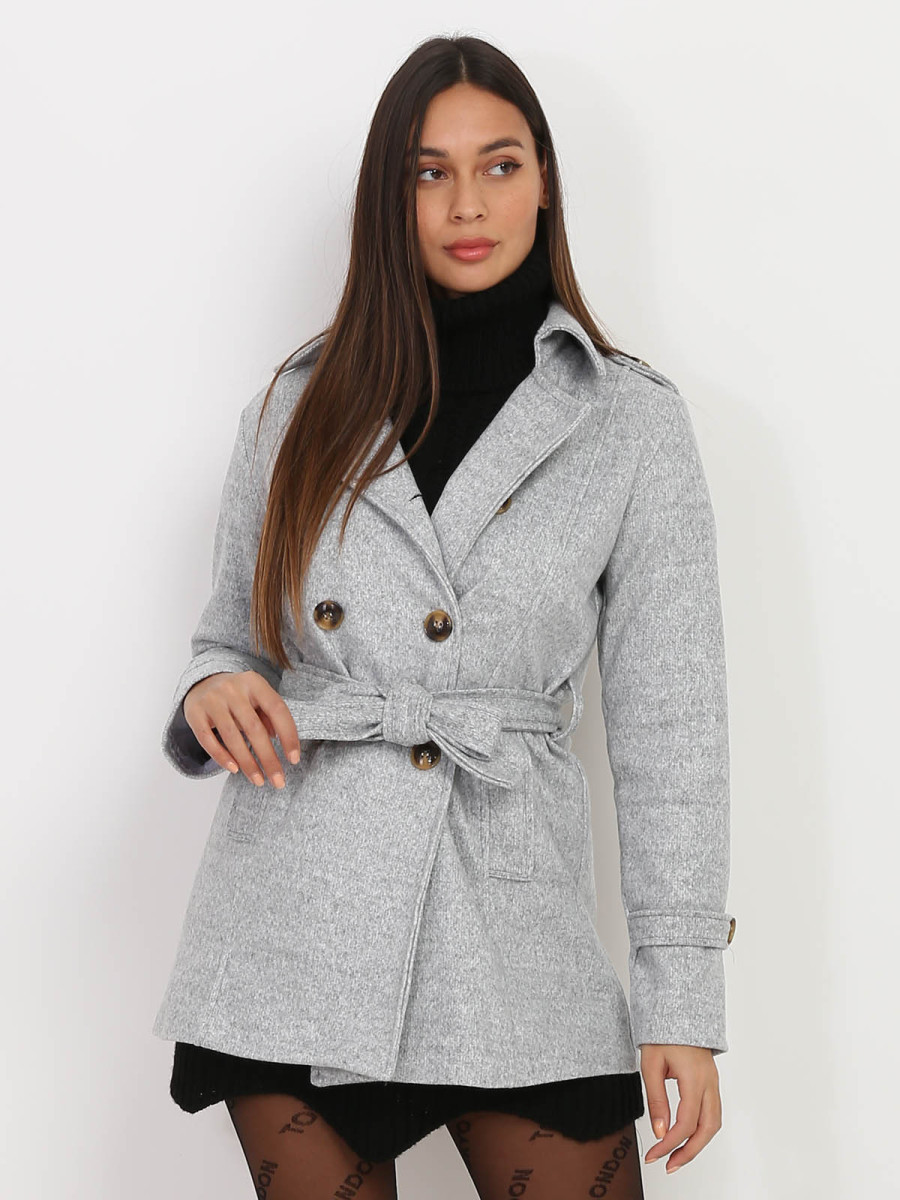 Manteau court gris ceinturé