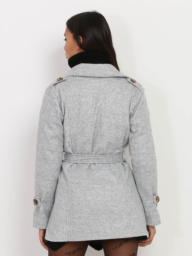 Manteau court gris ceinturé