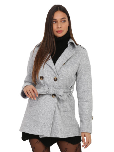 Manteau court gris ceinturé