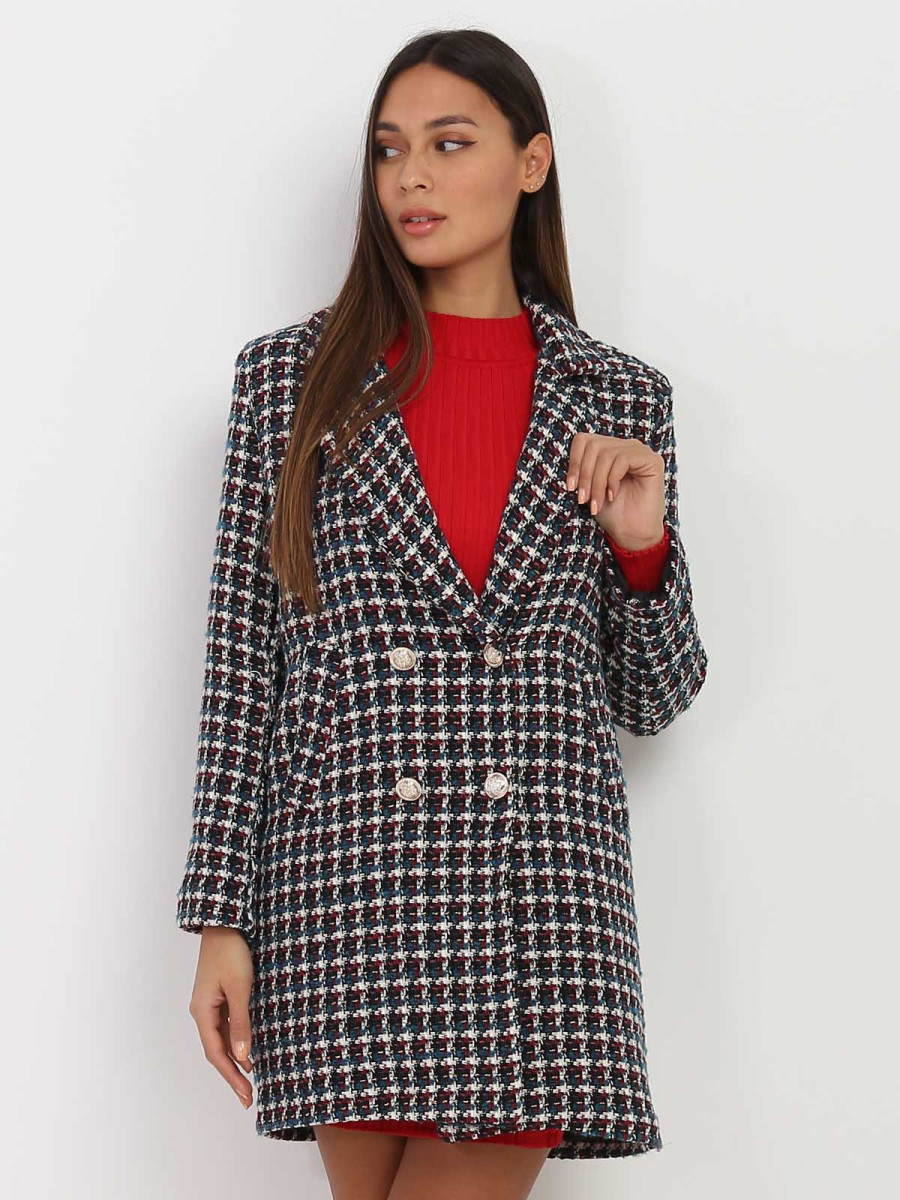Manteau multicolore en tweed à boutons officier