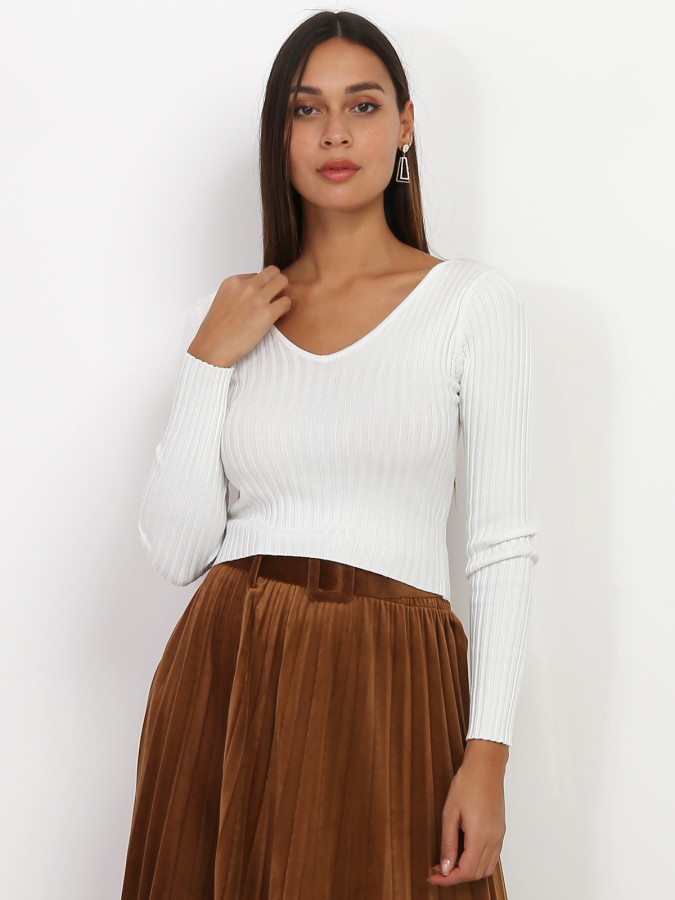 Sous pull cropped blanc en maille côtelée