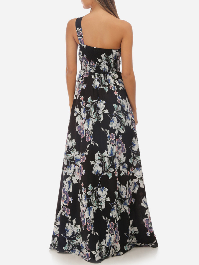 Robe longue noire asymétrique fleurie