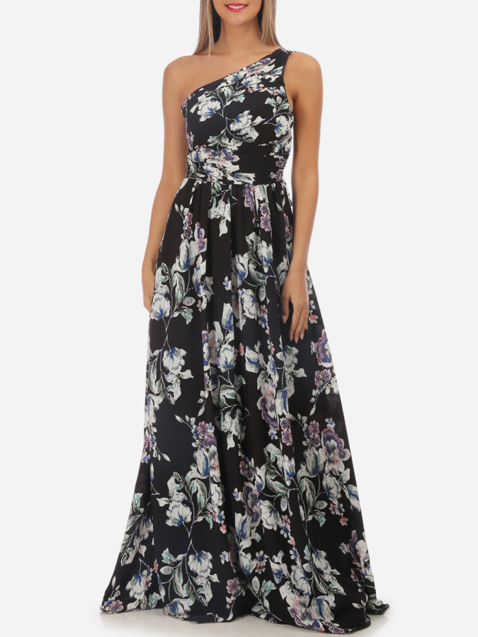 Robe longue noire asymétrique fleurie