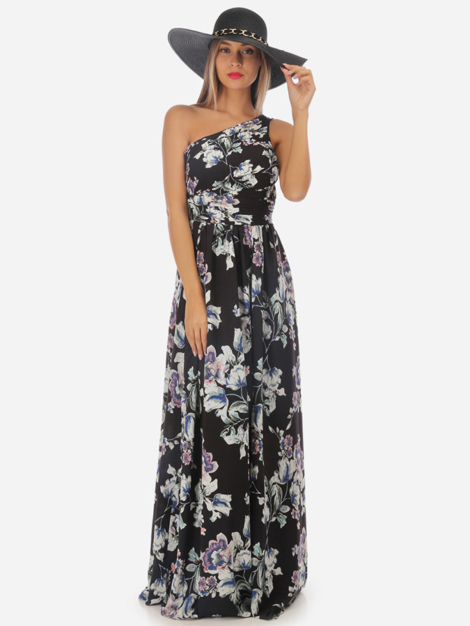 Robe longue noire asymétrique fleurie