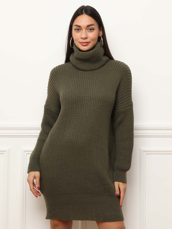 Robe pull courte kaki à col roulé