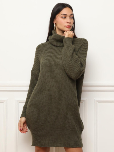 Robe pull courte kaki à col roulé