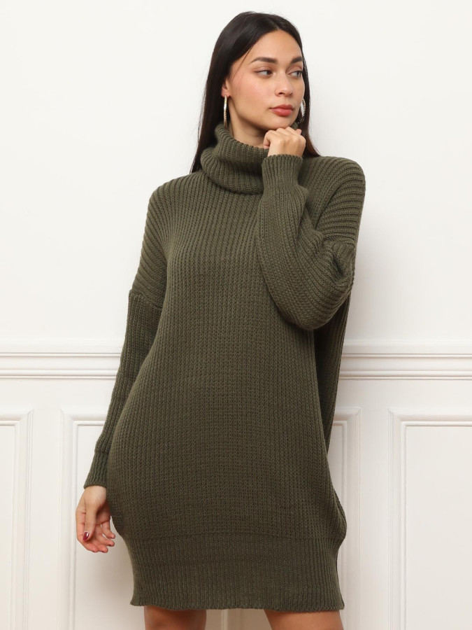 Robe pull courte kaki à col roulé