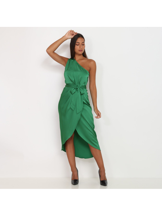 Robe asymétrique satinée verte