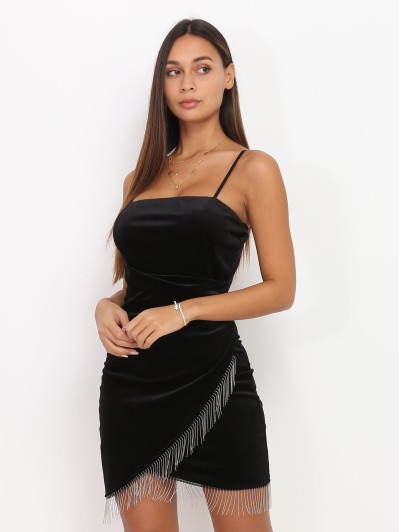 Robe noire en velours à franges