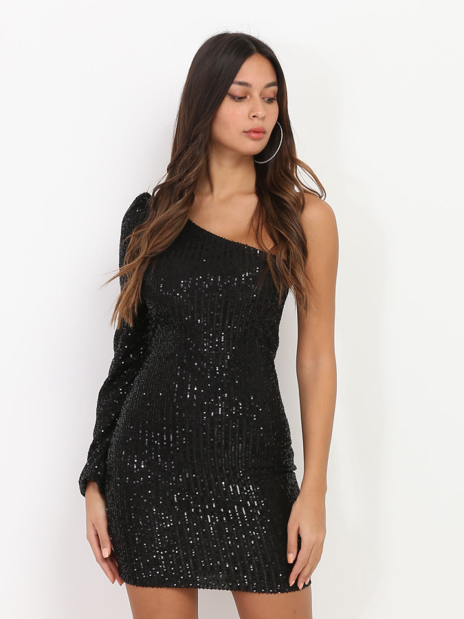Robe asymétrique noire à sequins