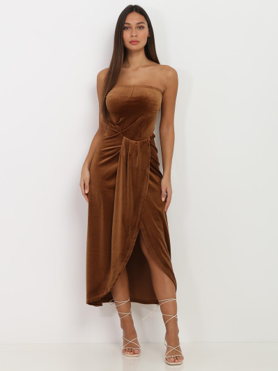 Robe bustier camel en velours drapé