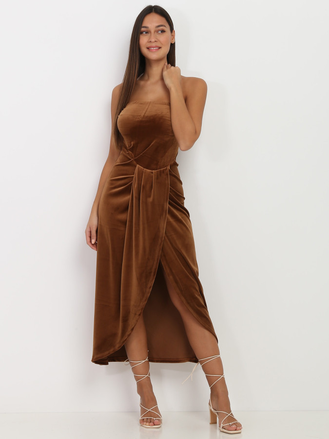 Robe bustier camel en velours drapé