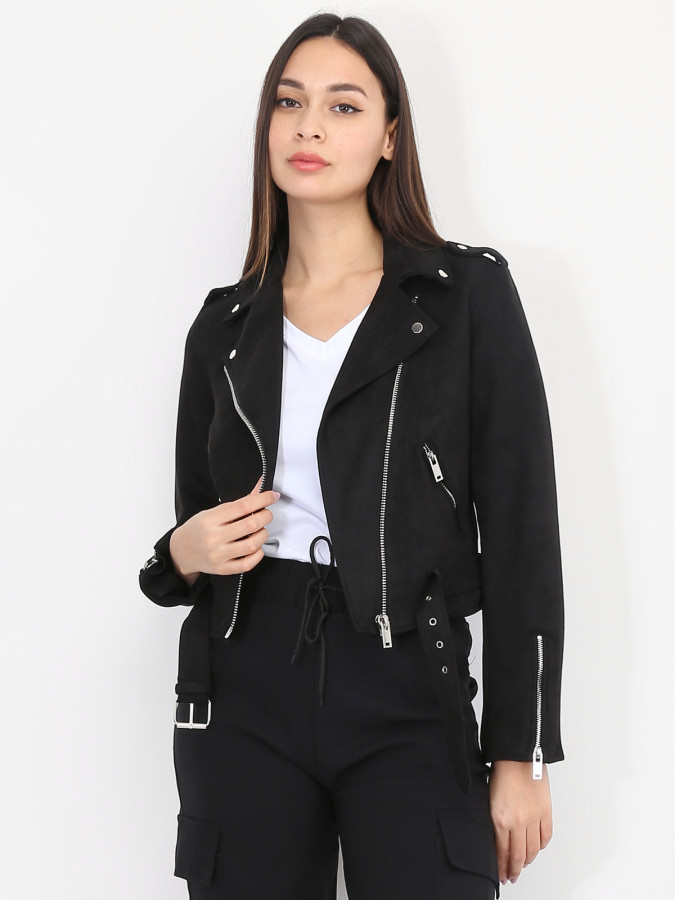 Veste motard noire en suédine pas cher la modeuse