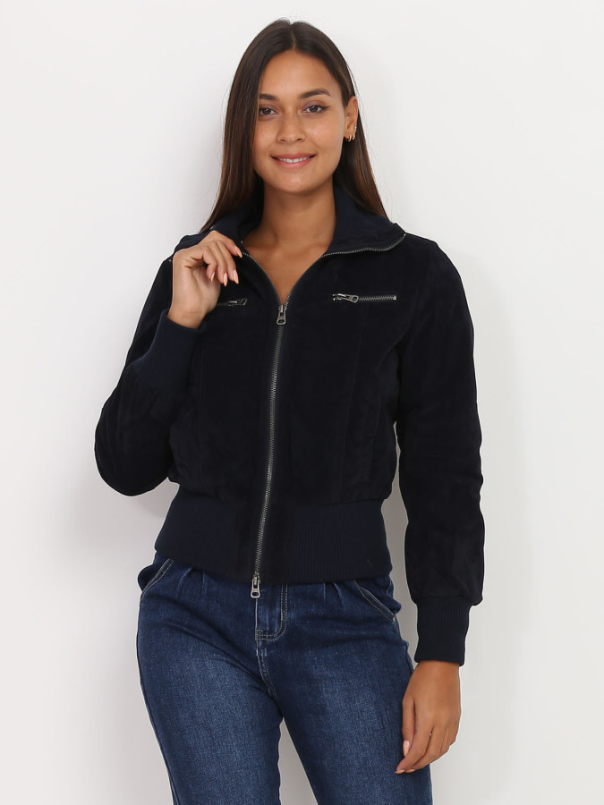 Bomber bleu nuit en suédine à poches zippées