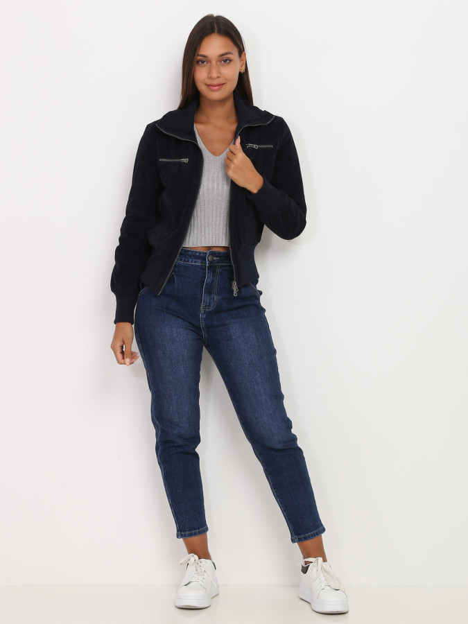 Bomber bleu nuit en suédine à poches zippées