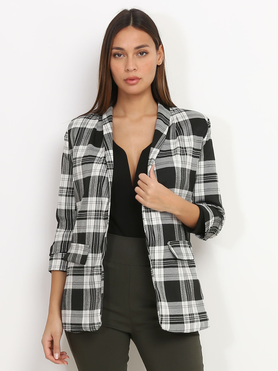 Blazer blanc et noir à imprimés carreaux