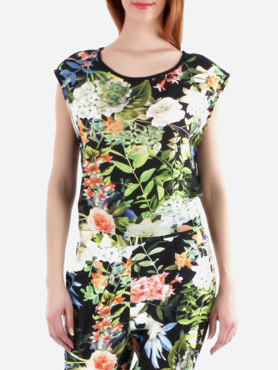 vêtement femme top court à imprimé tropical pas cher noir