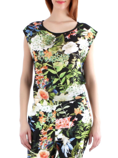 vêtement femme top court à imprimé tropical pas cher noir