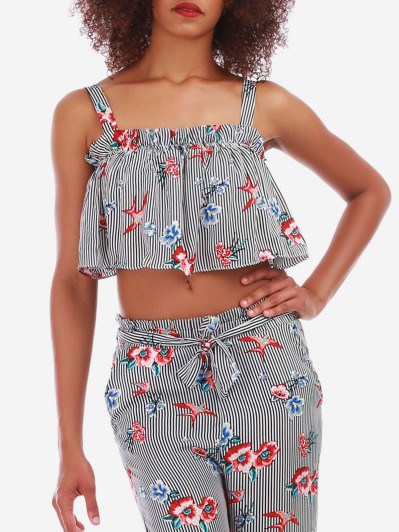Crop top rayé noir à volants et fleurs pas cher la modeuse