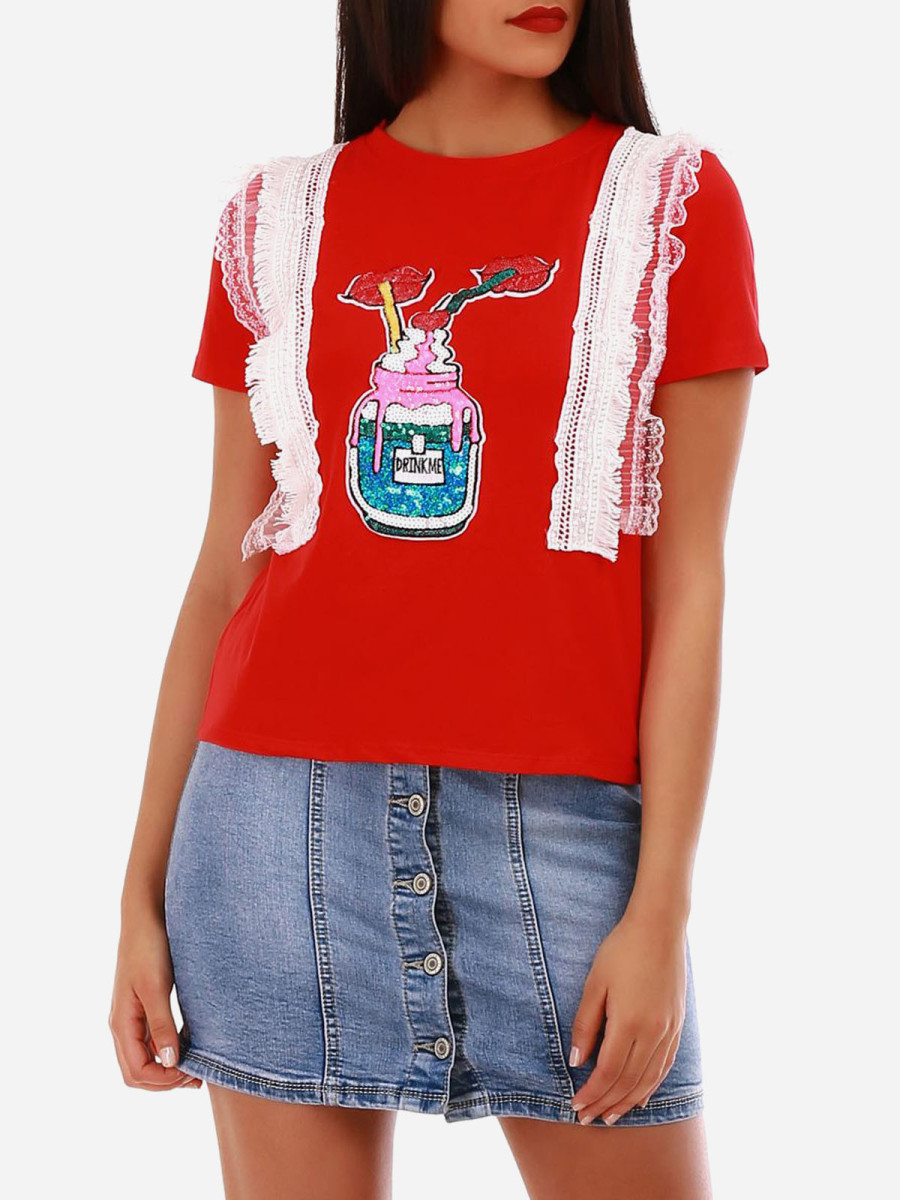 T-shirt rouge motif à sequins femme pas cher la modeuse