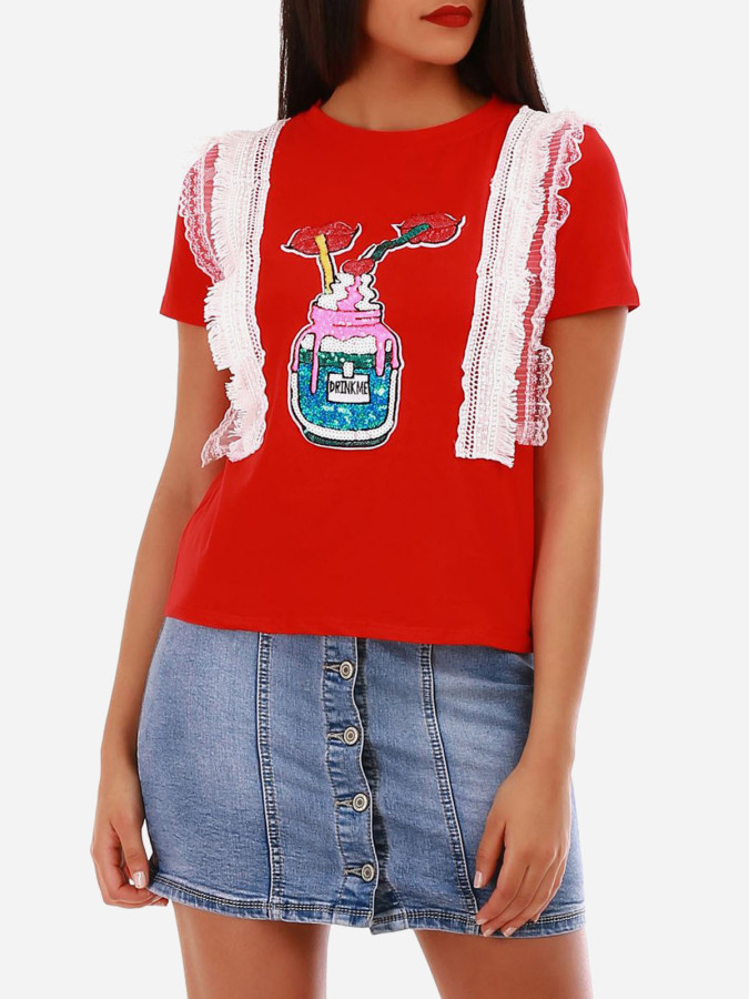 T-shirt rouge motif à sequins femme pas cher la modeuse