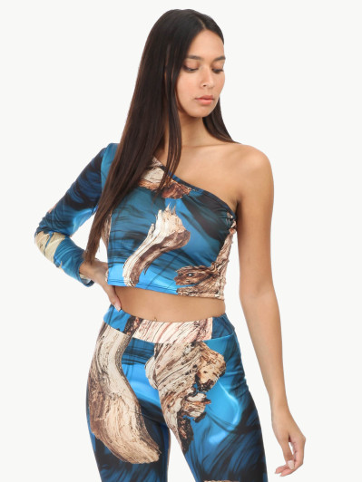 Top bleu one shoulder à motif