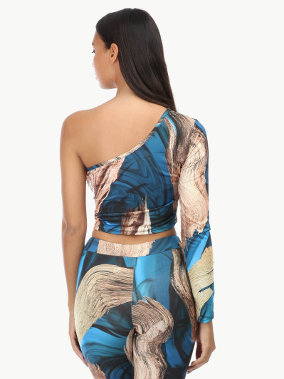 Top bleu one shoulder à motif